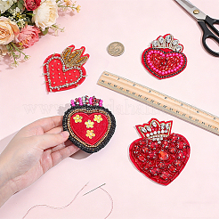 4個 4スタイル ハート ポリエステル 刺繍布パッチ  ガラスとプラスチックのビーズ付き  機械刺繍布地手縫い/アイロンワッペン  マスクと衣装のアクセサリー  アップリケ  レッド  85~102x62~84x4~6mm  1個/スタイル&nbsp;PATC-NB0001-67A
