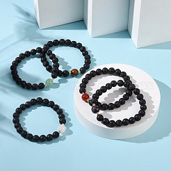 天然溶岩と混合宝石のラウンドビーズストレッチブレスレット  内径：2-1/8インチ（5.5~5.6cm）&nbsp;BJEW-JB09418
