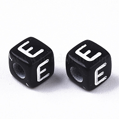 不透明なアクリルビーズ  水平穴  アルファベットスタイル  キューブ  ブラック＆ホワイト  文字.e  5x5x5mm  穴：2mm  約5000個/500g&nbsp;SACR-N002-01E