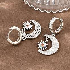 真鍮製マイクロパヴェキュービックジルコニアフープピアス  太陽と月  鉛フリー＆カドミウムフリー  ラックめっき  長持ちメッキ  プラチナ  37x15mm&nbsp;KK-CBA8324-05A-P