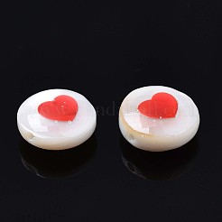 天然淡水シェルビーズ  エナメル  ハート付きフラットラウンド  レッド  8x4.5mm  穴：0.6mm&nbsp;SHEL-N003-22-A11