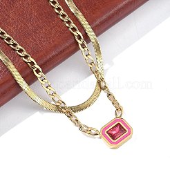 304ステンレススチールラインストーン長方形ペンダントダブルレイヤーネックレス女性用  18KGP本金メッキ  ローズ  15.39インチ（39.1cm）&nbsp;NJEW-Z070-01G-01