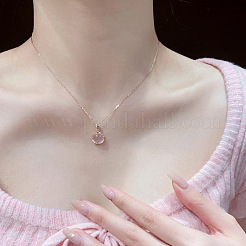 女性用フラットラウンド真鍮パヴェ天然ローズクォーツペンダントネックレス  ローズゴールド  15.75インチ（40cm）  ペンダント：8mm&nbsp;WG46560-02
