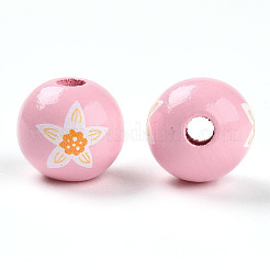 イースターテーマのプリントウッドビーズ  ラウンド  ピンク  14.5~15x15.5~16.5mm  穴：4~4.5mm&nbsp;WOOD-T032-22U