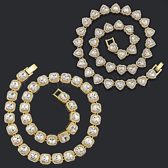 2Pcs 2 Styles Zinc Alloy Pave Square/Heart Clear Glass Tennis Necklaces for Womem&nbsp;NJEW-SP0001-08G