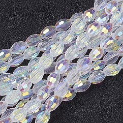Electroplate Glass Beads Strands, AB Color Plated, Faceted Oval, White, 6x4mm, Hole: 1mm, about 63~65pcs/strand, 16.14~16.54 inch(41~42cm)