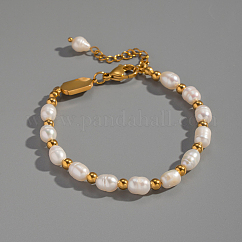 Natural Freshwater Pearl & Stainless Steel Beaded Bracelets for Women, PVD Vacuum Plating, Real 18K Gold Plated, 6-7/8 inch(17.5cm)