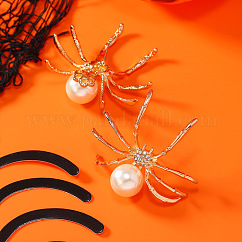 Alloy Spider Stud Earrings, with Imitation Pearl, Golden, White, 45x42mm