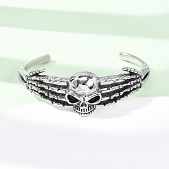 316サージカルステンレススチールカフバングル  スカル  アンティークシルバー  内径：2.42インチ（6.15cm）&nbsp;BJEW-C142-01E-AS