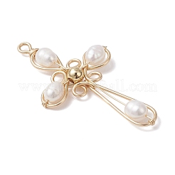Natural Cultured Freshwater Pearl Copper Wire Wrapped Cross Pendants&nbsp;PALLOY-TA00318