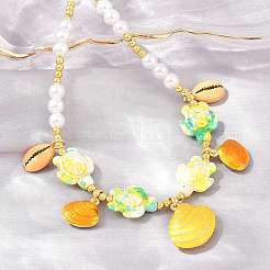 Ocean Brass Enamel Starfish Shell Shape Pendant Round ABS Imitation Pearl Beaded Necklaces&nbsp;KK-CBA4547-04A-G