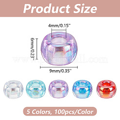 500個5色透明アクリルヨーロピアンビーズ  大穴ビーズ  ABカラー  ロンデル  ミックスカラー  9x6mm  穴：4mm  約100PCS /カラー&nbsp;TACR-AR0001-21