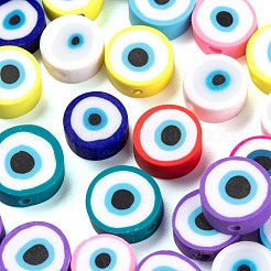250個の手作りポリマークレイビーズ  ナザールボンジュウ付きフラットラウンド  ミックスカラー  10.5~12.5x3.5~4.5mm  穴：1.5mm  25個/カラー&nbsp;CLAY-LS0001-10