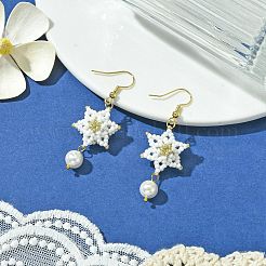 304ステンレススチール六芒星ダングルイヤリング  ガラスと貝パール付き  ゴールドカラー  51x19mm&nbsp;EJEW-MZ00224