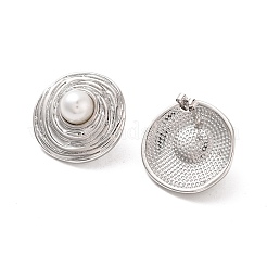Rack Plating Flat Round Brass ABS Imitation Pearl Stud Earrings&nbsp;EJEW-M029-05P