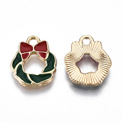環境に優しい合金エナメルペンダント  カドミウムフリーと鉛フリー＆ニッケルフリー  クリスマスのために  ちょう結びのクリスマスリース  ライトゴールド  濃い緑  14.5x12x2mm  穴：1.8mm&nbsp;ENAM-Q437-072-NR