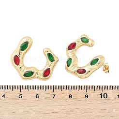 304ステンレススチールガラススタッドピアス  イオンプレーティング（ip）  C字型  ゴールドカラー  26.5x29mm&nbsp;EJEW-M070-17G-01