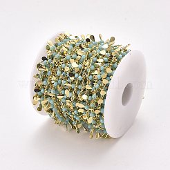 手作りガラスビーズチェーン  18KGP本金メッキ真鍮製サイドツイストチェーンカーブチェーン付き  スプールで  長持ちメッキ  ハンダ付け  アクア  2.5x2x1mm  ティアドロップ  ：10x3x3mm  約32.8フィート（10m）/ロール&nbsp;CHC-E020-01A