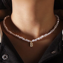 Imitation Pearl Beaded Brass Micro Pave Clear Cubic Zirconia Letter B Pendant Necklaces&nbsp;WZ6697-2