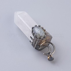 天然石クオーツクリスタルビッグサイズペンダントトップ  水晶  先の尖ったペンダント  真鍮のパーツと楕円形の天然ラブラドライトカボション  多面カット  弾丸  アンティークシルバー  60~62x20x23~24mm  穴：5.5x7mm&nbsp;G-F639-05A