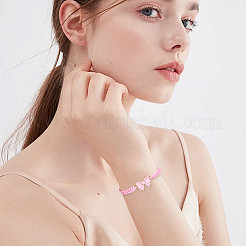 合金エナメル蝶結びリンクブレスレット  女性用ポリエステル編みコードブレスレット  紙のギフトタグ付き  ピンク  内径：1.89~3.27インチ（4.8~8.3cm）&nbsp;BJEW-BM0001-02