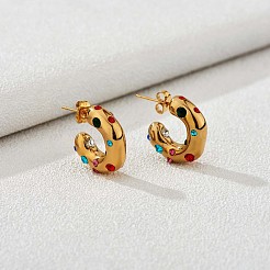 キュービックジルコニアC字型スタッドピアス  金メッキ 430 ステンレススチール ハーフフープピアス 女性用  カラフル  19x19x6mm&nbsp;JE944B