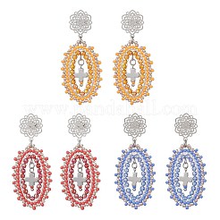 3 Pairs Cross Oval Glass Seed Bead Woven Stud Earrings&nbsp;EJEW-MZ00595