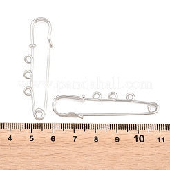 鉄の安全ピンのブローチパーツ  ループが3つ付いたキルトピン  プラチナ  50x14x7mm  穴：2mmと3mm&nbsp;IFIN-Z005-02P-01