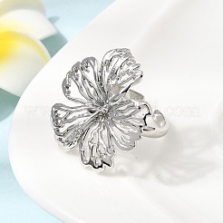 女性用真鍮カフオープンリング  花  プラチナ  3mm  内径：17mm&nbsp;RJEW-F215-07P