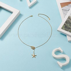 304ステンレススチールシェルとスターペンダントのラリアットネックレス、女性用  ゴールドカラー  19.37インチ（49.2cm）&nbsp;NJEW-JN04208-01