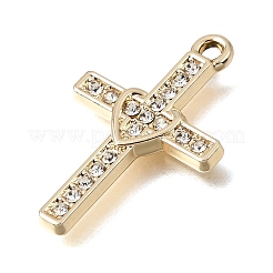 UVメッキ合金クリスタルラインストーンペンダント  ハートチャーム付きクロス  ゴールドカラー  27x7.5x2mm  穴：1.8mm&nbsp;RB-CBAD37D-10G