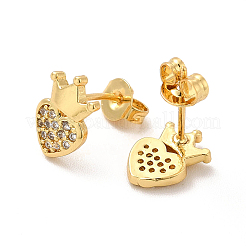 Rack Plating Brass Micro Pave Clear Cubic Zirconia Heart with Crown Ear Studs&nbsp;EJEW-F301-03