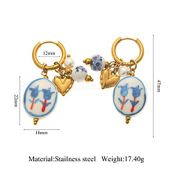 304ステンレススチールフープピアス  手描きの磁器とプラスチックパールのぶら下がりピアス  花とオーバル  ゴールドカラー  スチールブルー  47mm&nbsp;WG0CE7F-02