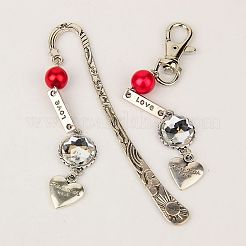 バレンタインデーのチベットスタイルのジュエリーセット：ブックマーク/ヘアピン、キーホルダー  ガラスパールビーズ付き  アクリルラインストーンカボション、合金回転式ナスカン  ミックスカラー  128mm  120mm&nbsp;SJEW-JS00506