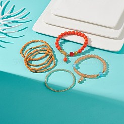 7 個 7 スタイル天然 & 合成混合宝石 & ガラスシードビーズストレッチブレスレットセット  女性のための真鍮のちょう結びのチャームの積み重ね可能なブレスレット  オレンジ  内径：2~2-1/8インチ（5.15~5.5cm）  1個/スタイル&nbsp;BJEW-JB08892-03