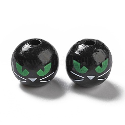 ハロウィーン スプレー塗装ウッド ビーズ  丸くて緑色の猫目模様  ブラック  15.5~16x14.5~15mm  穴：4mm&nbsp;X1-WOOD-C002-03