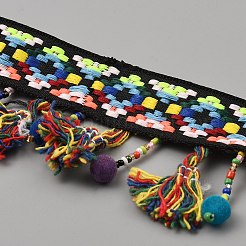 エスニックスタイルのポリエステルタッセルレースリボン  ウールクロスアクセサリー用  カラフル  1インチ（25mm）&nbsp;OCOR-WH0082-193