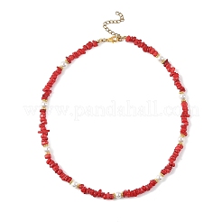 Dyed Natural Freshwater Shell Chip Beads & White Round Shell Pearl Beaded Necklaces&nbsp;NJEW-JN06402
