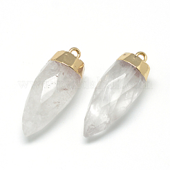 天然石クオーツクリスタルポイントペンダント  水晶  真鍮パーツ  多面カット  弾丸  33x13mm  穴：2mm&nbsp;G-Q496-02