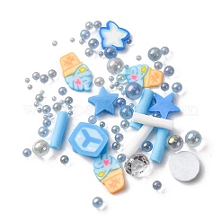 手作りのポリマー粘土カボションとプラスチックビーズ、DIYジュエリー作りの金具  混合図形  空色  2~8x2~7x0.5~5.5mm&nbsp;CLAY-B007-04I