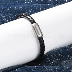 男の編み革コードブレスレット  304ステンレススチール製マグネット留め具付き  ブラック  8-1/4インチ（21cm）  6mm&nbsp;BJEW-JB04255-02