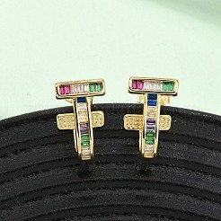 Brass Micro Pave Cubic Zirconia T-Shaped Stud Earrings&nbsp;EJEW-B153-07G