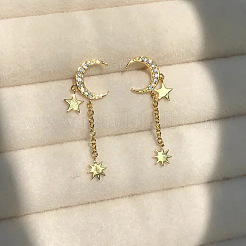Moon with Star Brass Micro Pave Clear Cubic Zirconia Dangle Stud Earrings&nbsp;FS-WG98EA0-01