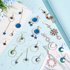 9 Pairs 9 Style Rhinestone Sun & Moon & Star & Planet Enamel Asymmetrical Earrings&nbsp;EJEW-AN0002-14