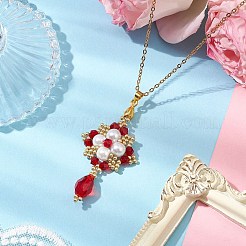 手作りのガラスシードビーズとガラスパールの丸いペンダントネックレス  織機模様  花と涙  レッド  17.72インチ（45cm）&nbsp;NJEW-MZ00057-01