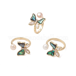 3Pcs 3 Colors Butterfly Brass Micro Pave Clear Cubic Zirconia & Abalone Shell Cuff Rings&nbsp;RJEW-JR00996