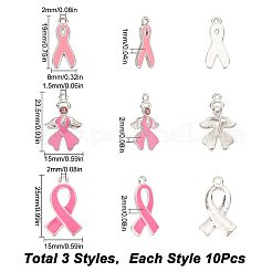 30個 3スタイル 10月 乳がん ピンク啓発リボン 合金エナメルペンダント  ラインストーン付き  ミックスカラー  19~25x8~15x1~2mm  穴：1.5~2mm  10個/スタイル&nbsp;ENAM-SC0003-32