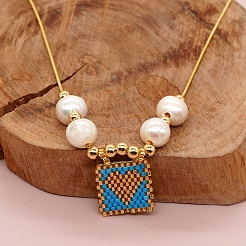 Summer Glass Seed Beaded Square with Heart Pendant Natural Pearl & Brass Beaded Necklaces for Women&nbsp;NC8253-4