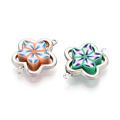 ポリマークレイの花とCCBフレームリンクコネクタチャーム  真鍮の二重ループ付き  ミックスカラー  プラチナ  19~21x15.5x3.5~5mm  穴：0.7~1.8mm&nbsp;CLAY-T022-19B