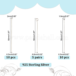 30Pcs 3 Style 925 Sterling Silver Flat Head & Eye & Ball Head Pins&nbsp;STER-PH0002-24